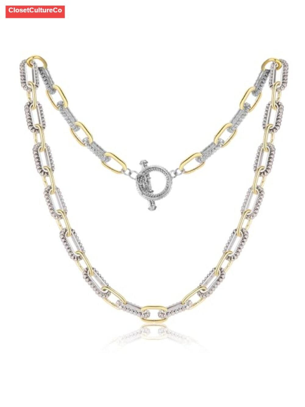 Two Tone Gold Plated Silver Tone Toggle Necklace Adjustable 18.9in